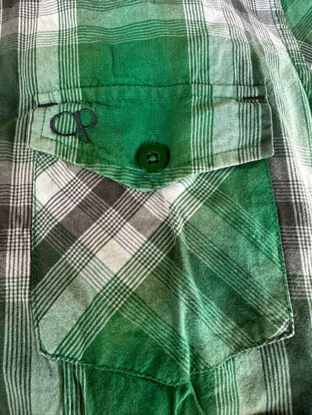 OP Ocean Pacific Men's Green White Plaid SS Button Front Shirt Size Small 34/36